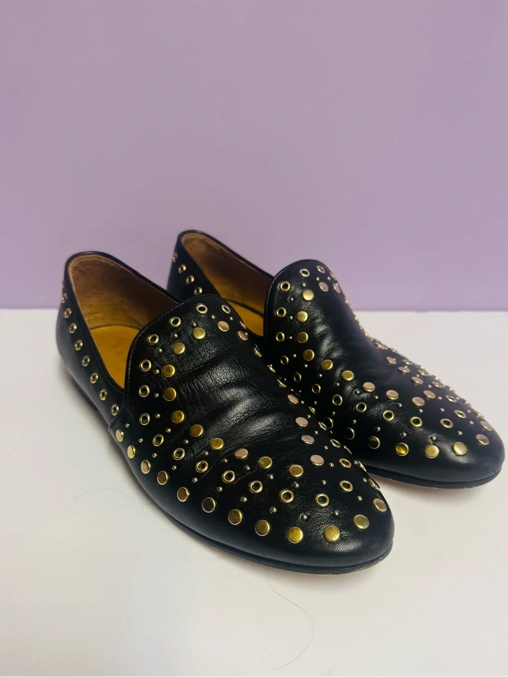 Sandro Black Leather Studded Loafers Sz 37